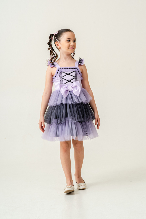 Kuromi Bow Detailed Tulle Lilac Children's Dress