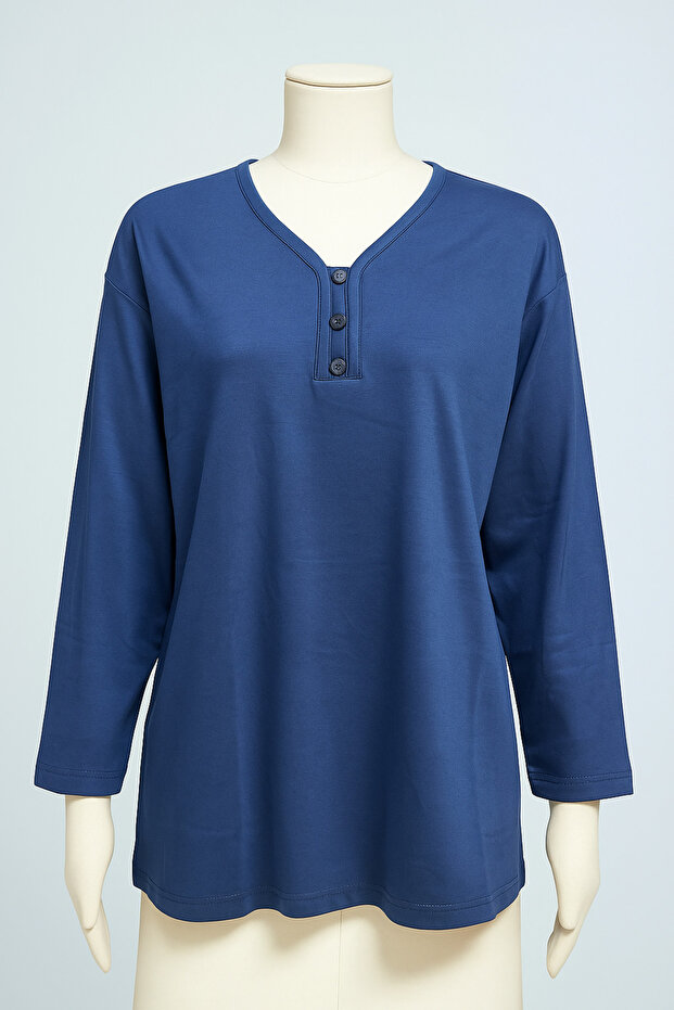 Women Mother 3 Button Modeled Long Sleeve Mother's Day Combed Cotton Blouse T-shirt