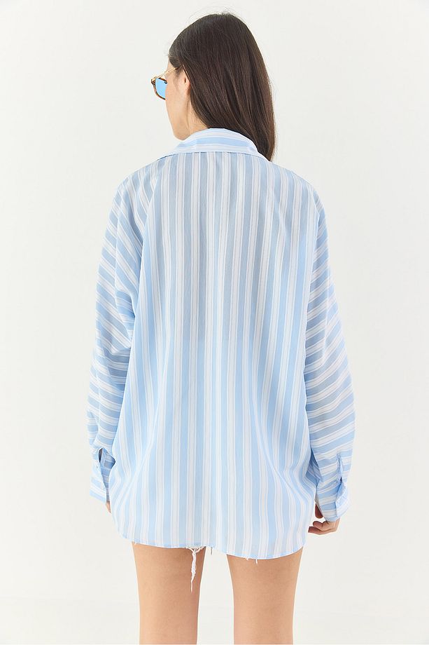 Kadın Kalın Çizgili Çift Cep Detaylı Oversize Basic Yazlık Gömlek 34399-1 60283249 - 7