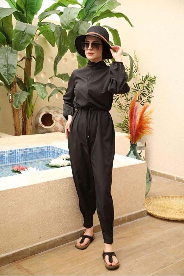 Pleated Pleated Design Modest Parachute Fabric Jumpsuit Swimsuit