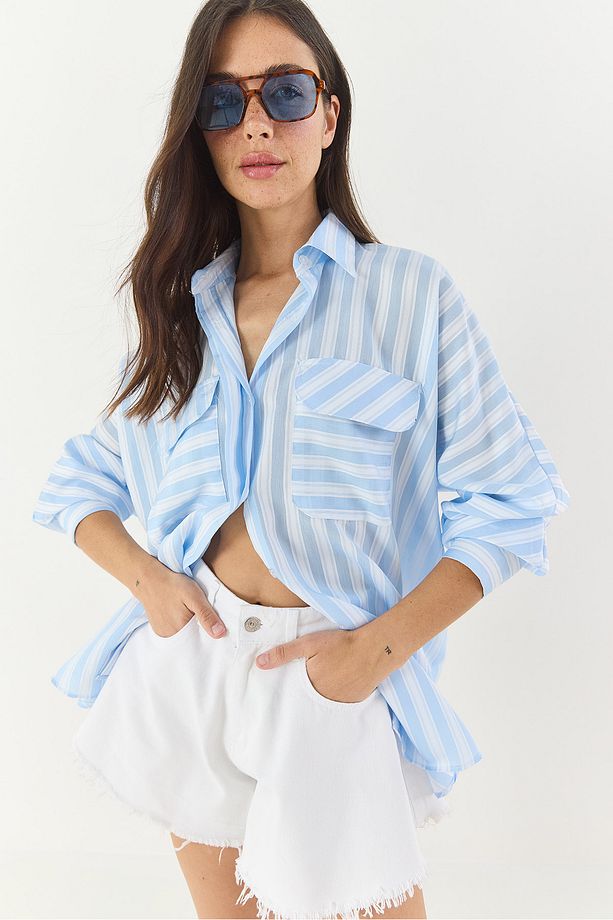 Kadın Kalın Çizgili Çift Cep Detaylı Oversize Basic Yazlık Gömlek 34399-1 60283249 - 5