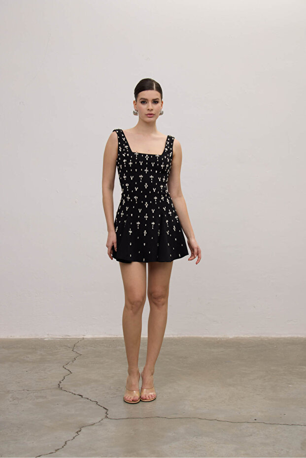 Parlak Taşlı Mini Volanlı Elbise - 1