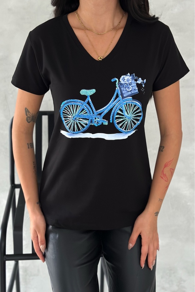 Women's Black V-Neck Bicycle Sequin Embroidered 100% Cotton T-Shirt