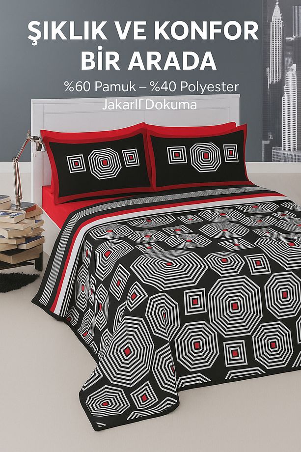 Spring Çift Kişilik Yatak Örtüsü Takımı Siyah Renk Modern Günlük Çok Amaçlı Pike Örtü Seti 260X260Cm - 4