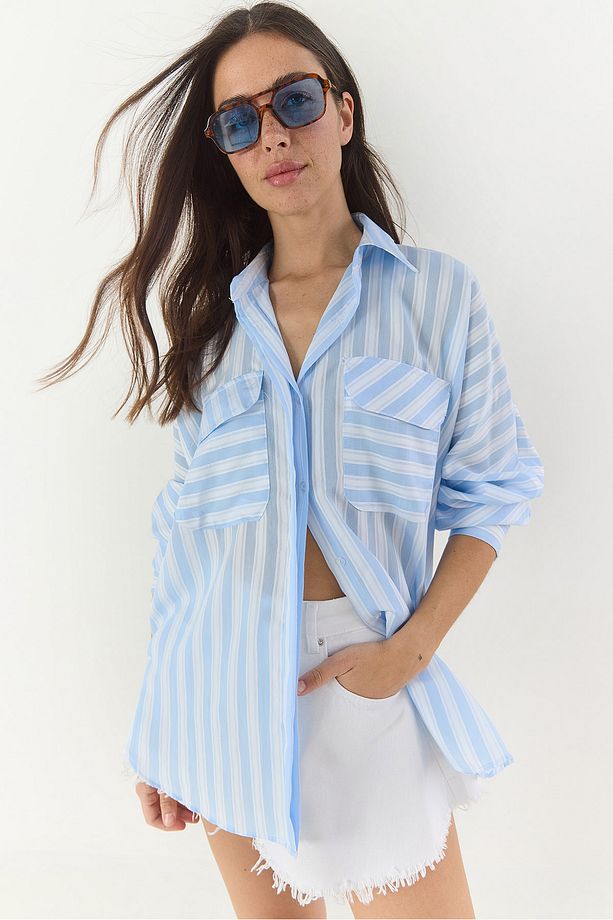 Kadın Kalın Çizgili Çift Cep Detaylı Oversize Basic Yazlık Gömlek 34399-1 60283249 - 1