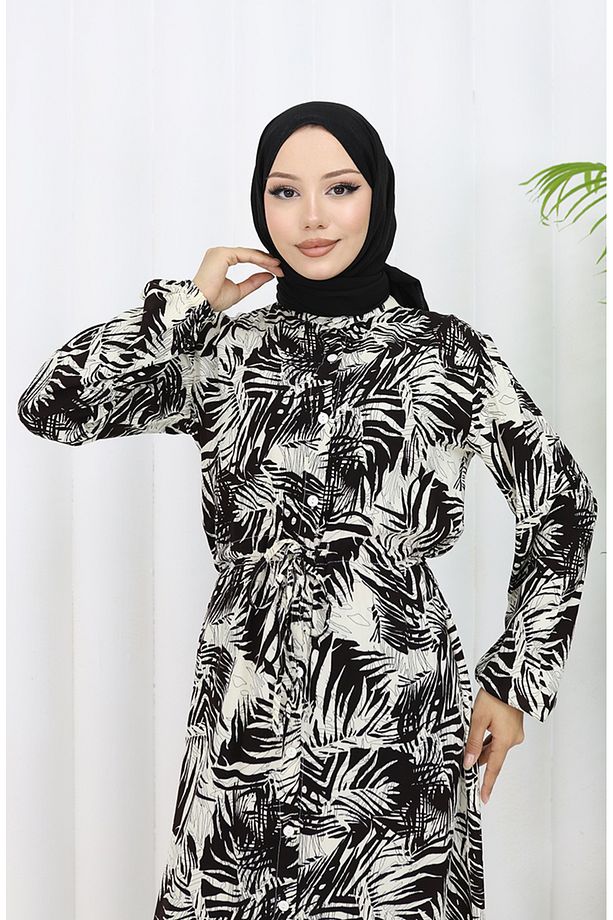 Rana Palmiye Desen Viskon Elbise 0342-03 Kahverengi Bej - 3