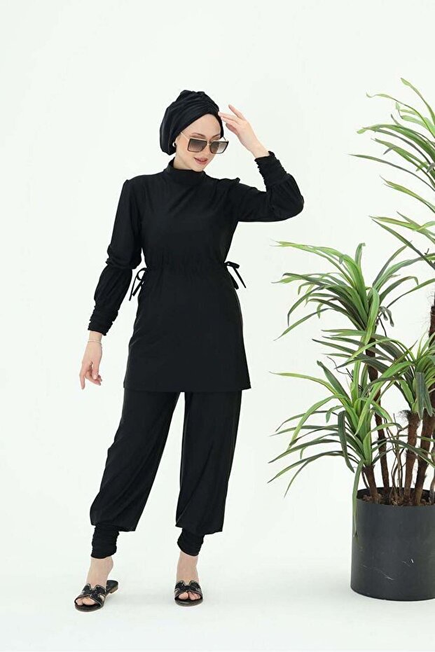 Diana Gather Detailed Design Hijab Lycra Black Double Suit Swimsuit
