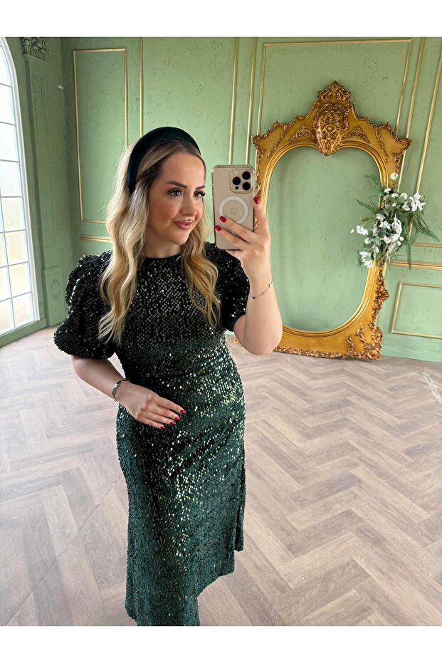 Sandra Payet Balon Kol Midi Tasarım Payet Elbise Zümrüt - 3