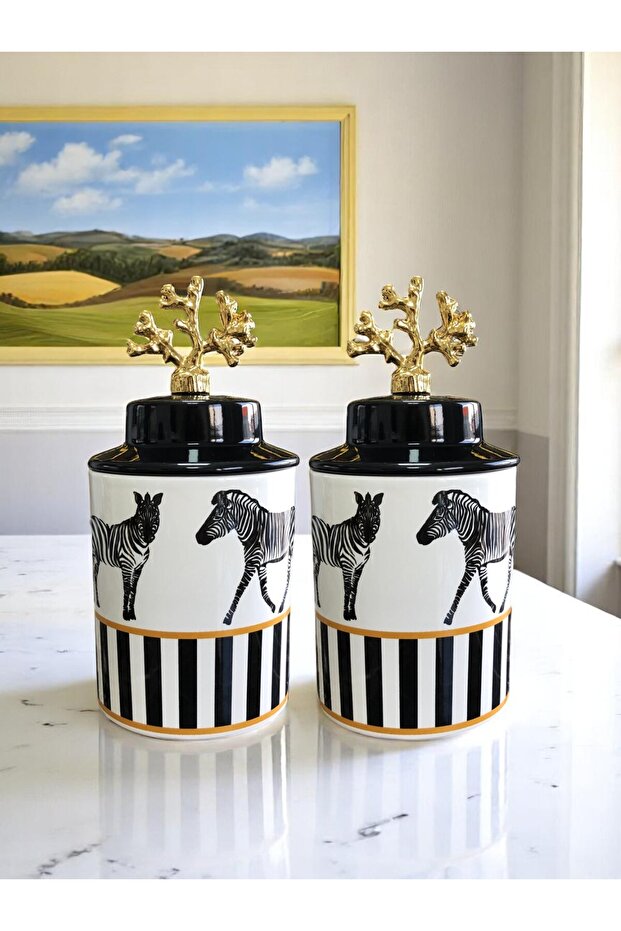 Kitchen and Living Room Accessory Decorative Object Spice Rack Cylinder 2-Piece Ceramic Cover Horse Zebra Black Gold