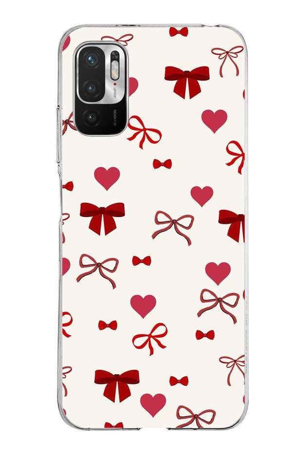 Redmi Note 10 5G Compatible Burgundy Heart and Bows Transparent Silicone Case