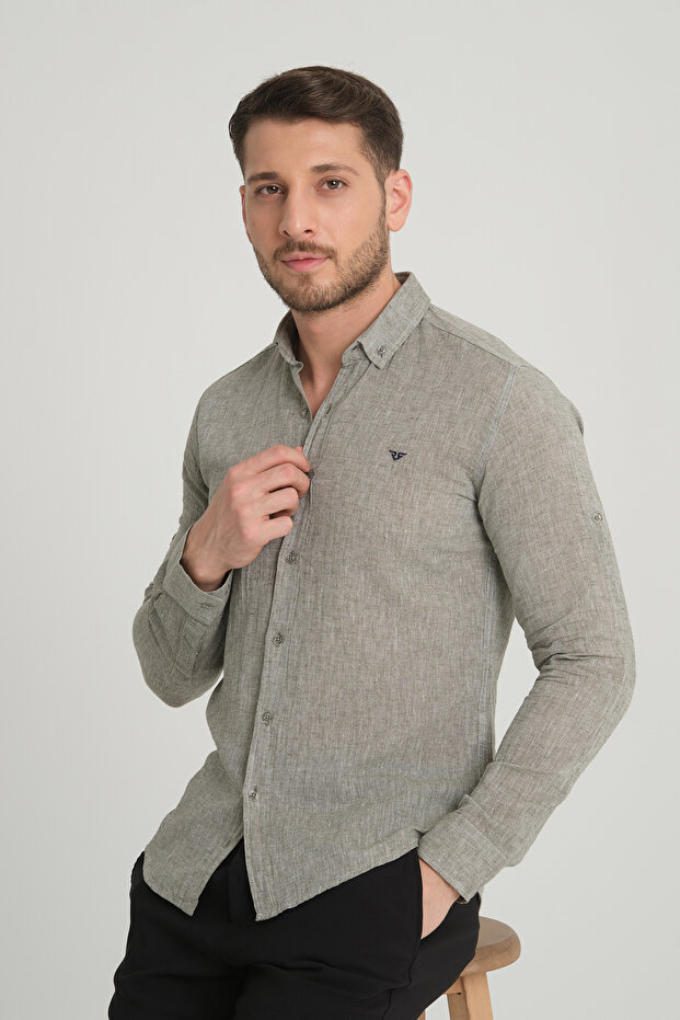 Men's Collared Long Sleeve Linen Shirt 2198