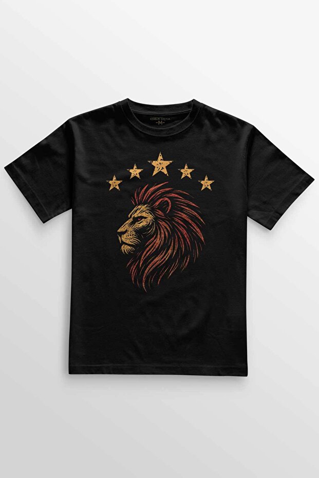 Unisex Black T-Shirt 5 Star Lion Yellow Red Champion Five Star Printed T-Shirt