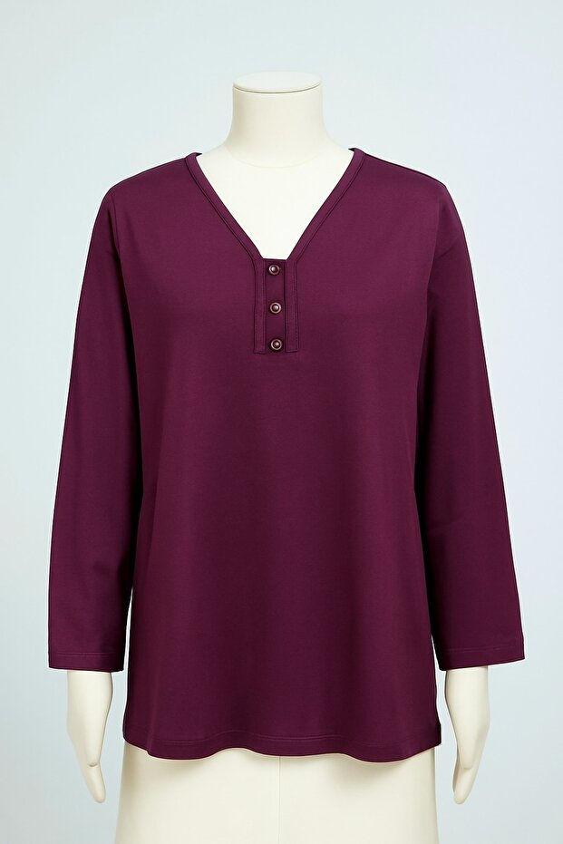 Plus Size 3 Button V-Neck Mother Combed Cotton Blouse – Relaxed Fit