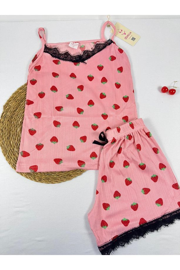 Pembe Çilek Desenli Askılı Şort Pijama Takımı - 2