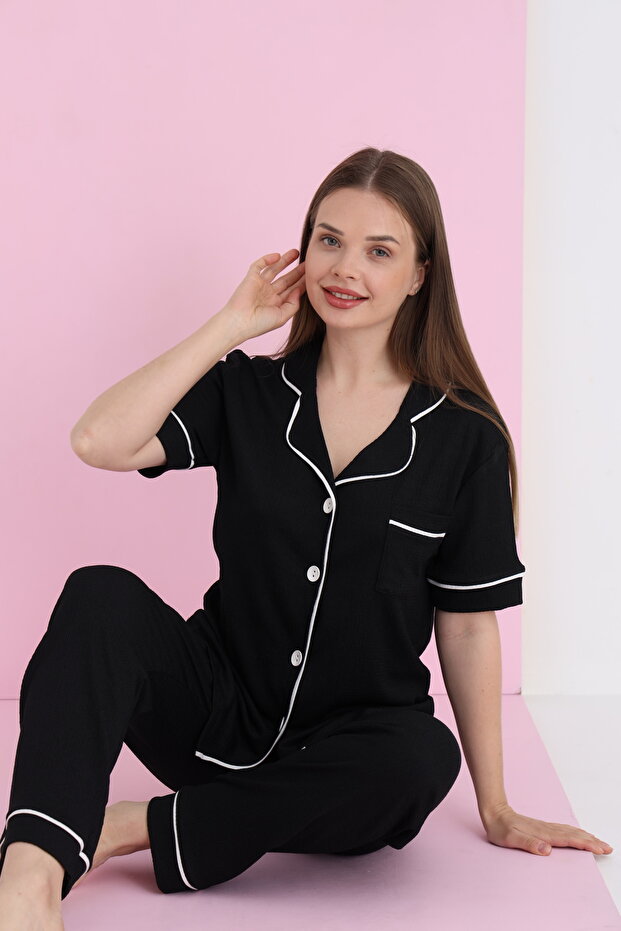 BÜRÜMCÜK ARABİYELİ DÜĞMELİ PİJAMA TAKIM - 1