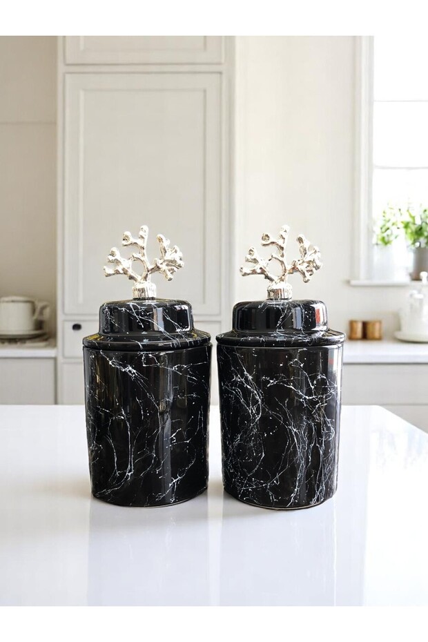 Kitchen and Living Room Accessory Decorative Object Spice Rack Cylinder 2-Piece Ceramic Lid Black Marble Silver