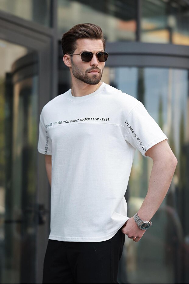 تي شيرت أبيض مطبوع برقبة دائرية E7156 - 2