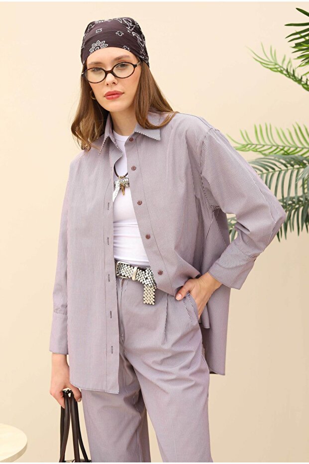 İnce Çizgili Basic Gömlek Kahve - 5