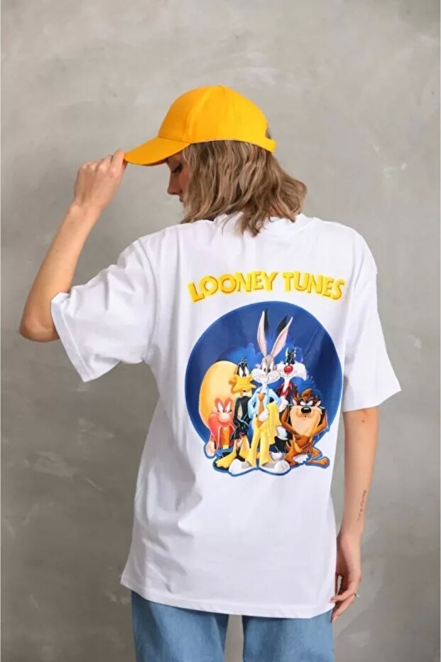 تي شيرت مطبوع كبير الحجم للجنسين - أبيض - 1