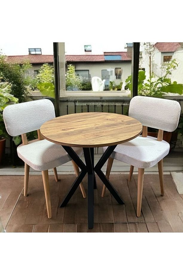 Bambeds Mobilya 70x70 A.Çam Yuvarlak Balkon Masa Ahtapot Ayak Ahşap Sandalye 2 Adet - 1