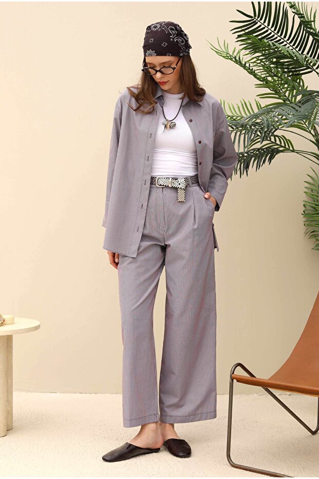 İnce Çizgili Basic Gömlek Kahve - 1