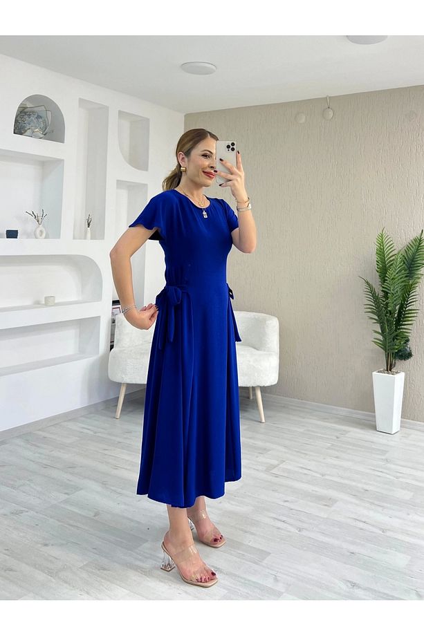 Yan Bağlama Detay Ayrobin Elbise Saks Mavi - 4