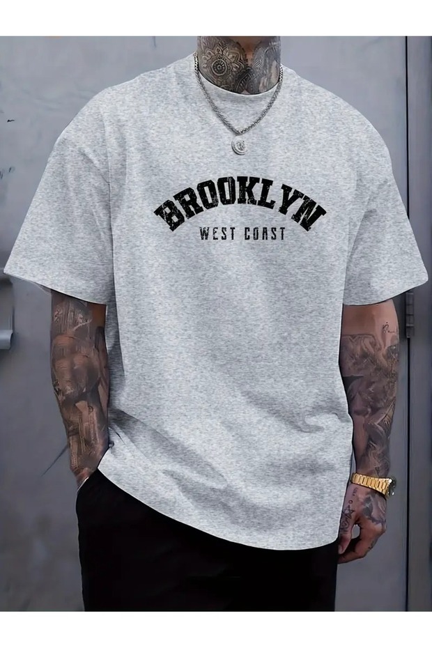 Oversized Men's T-Shirt, Brooklyn Print, Summer Trend Short Sleeve T-Shirts, Big and Tall