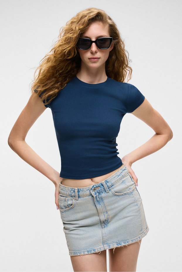 Hopewell Women's Round Neck Knitted Slim Fit Navy Blue T-Shirt