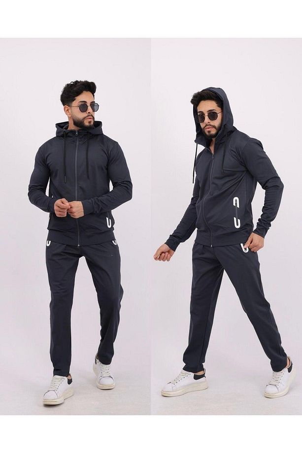 Dalgıç kumaş polyester kapşonlu cep fermuar detaylı erkek eşofman takım - 1