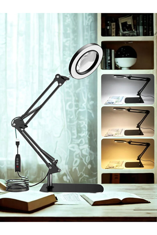 3 Renk Modlu Kısılabilir LED Büyüteçli Masa Lambası – Okuma, El İşi, Tamir ve Hobi Işığı - 1