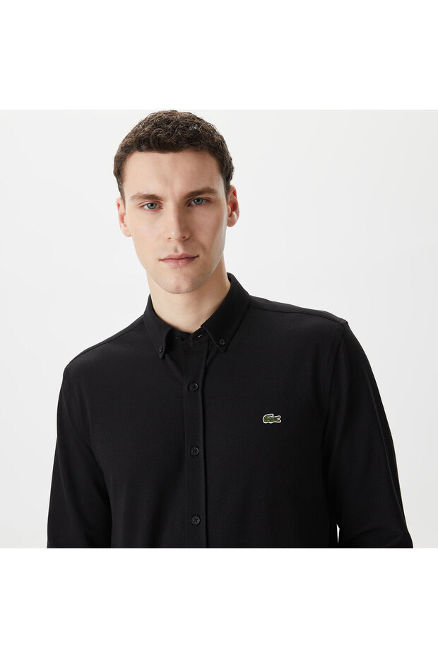 Erkek Slim Fit Düğmeli Yaka Siyah Gömlek - 5