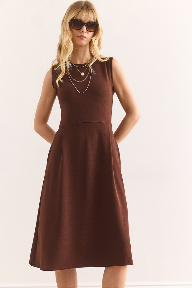 Women's Straight Bitter Brown Pocket Flared Dress Elb-19000480