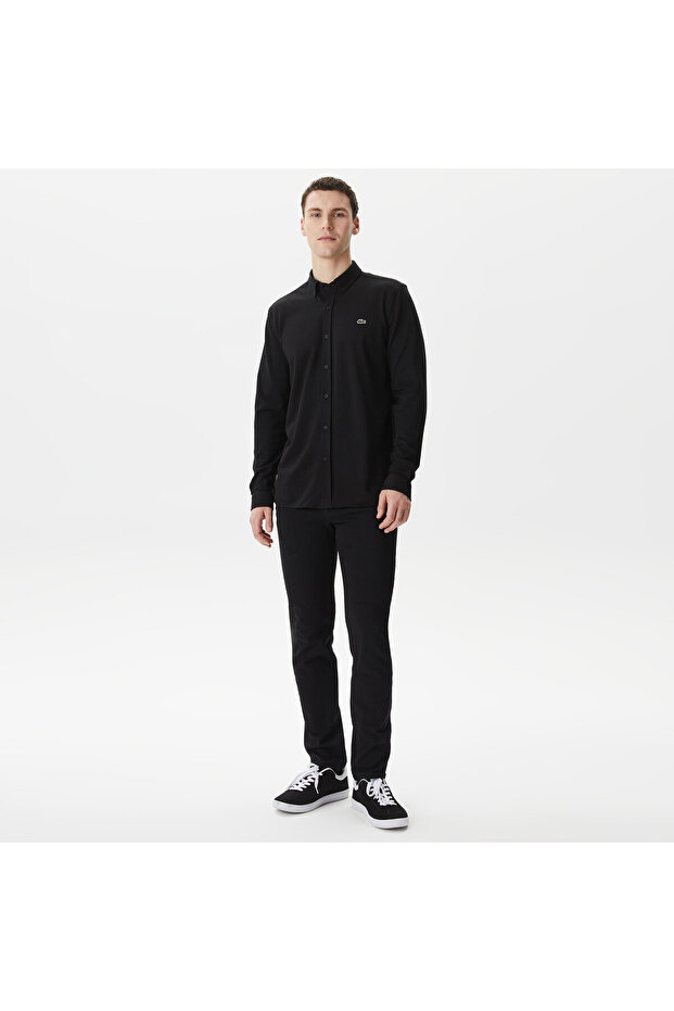 Erkek Slim Fit Düğmeli Yaka Siyah Gömlek - 4