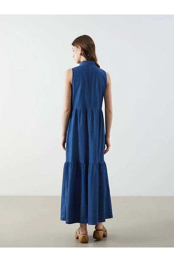 LCW Vision Indigo Gömlek Yaka Jean Elbise - 4