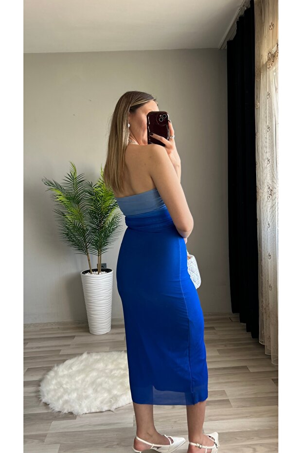 Renk Geçişli Straplez Midi Elbise - 4