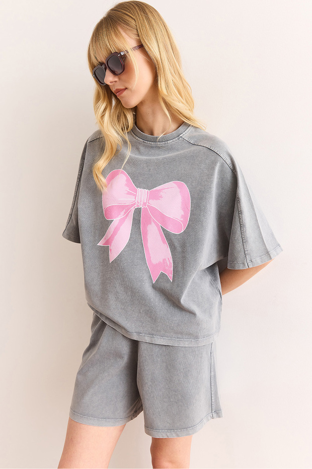 Women's Gray Bow Detailed Bottom Top Washed Shorts Tracksuit Set Etkm-0000083