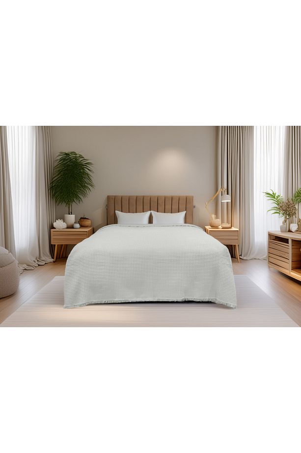 %100 Pamuk Waffle Desen Yeşil Çift Kişilik Pike 240x230 Yatak Örtüsü Ve Çok Amaçlı Koltuk Örtüsü - 5