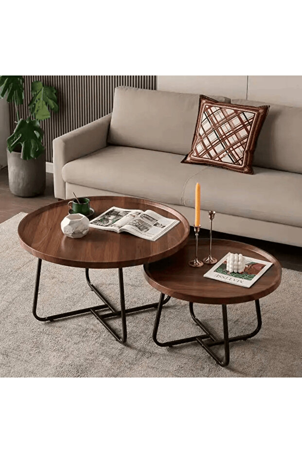 Set of 2 Round Wooden Coffee Tables in Various Sizes with Metal Base - 1