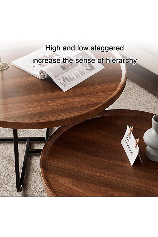 Set of 2 Round Wooden Coffee Tables in Various Sizes with Metal Base - 4