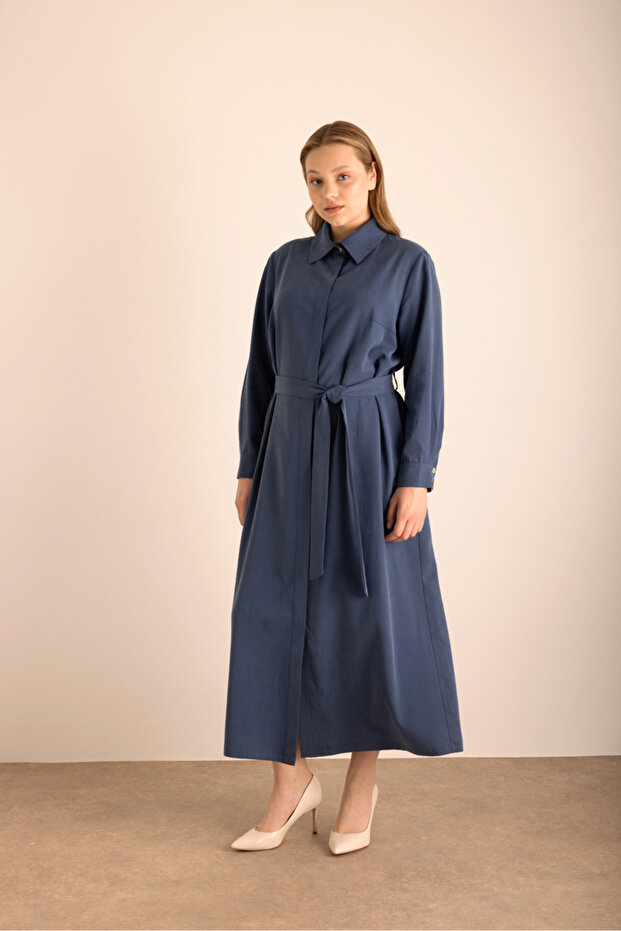Lacivert Cotton Gömlek Elbise - 2