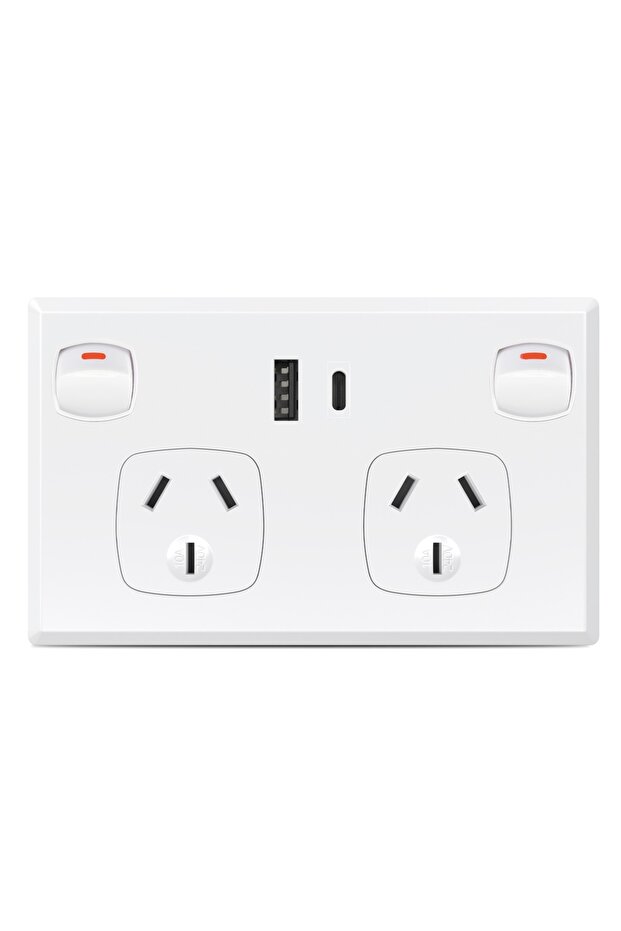 مقبس حائط USB قياسي أسترالي أبيض 1USB-A 1Type-C بمنفذ مزدوج مع Type-C ومفتاح، AU P