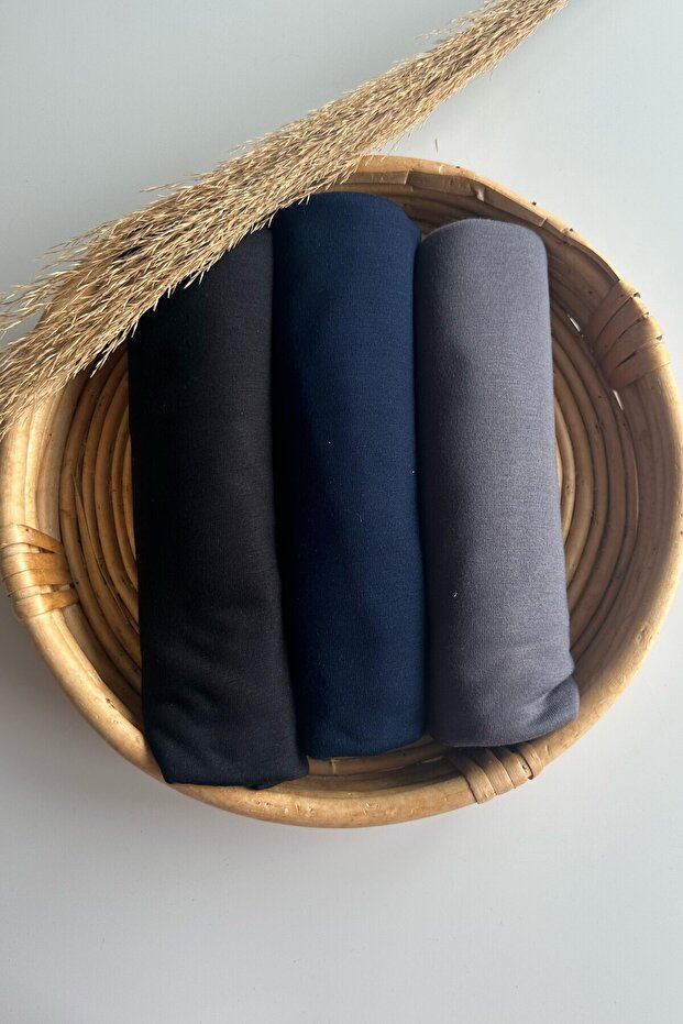 3 Piece Combed Cotton Shawl Set Jersey Shawl Lycra Shawl Jersey Hijab Lycra Hijab (Black - Dark Blue - Anthracite)