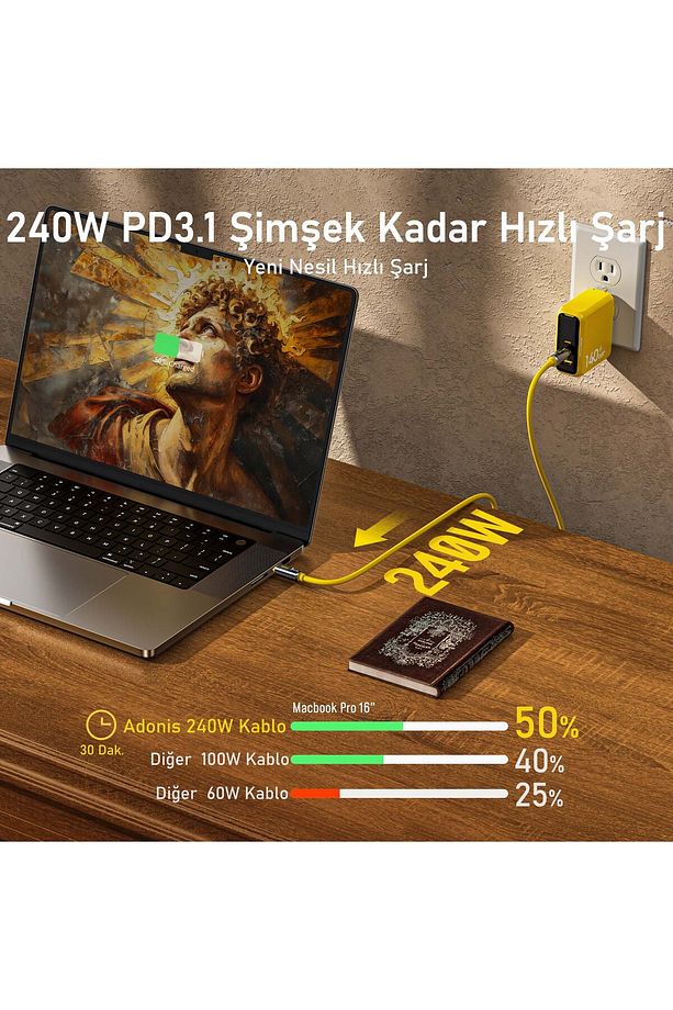 The Future Adonis Type-c To Type-c 1m Pd 3.1 120gbps 240w 8k Süper Hızlı Şarj/data Kablosu, Sarı - 4