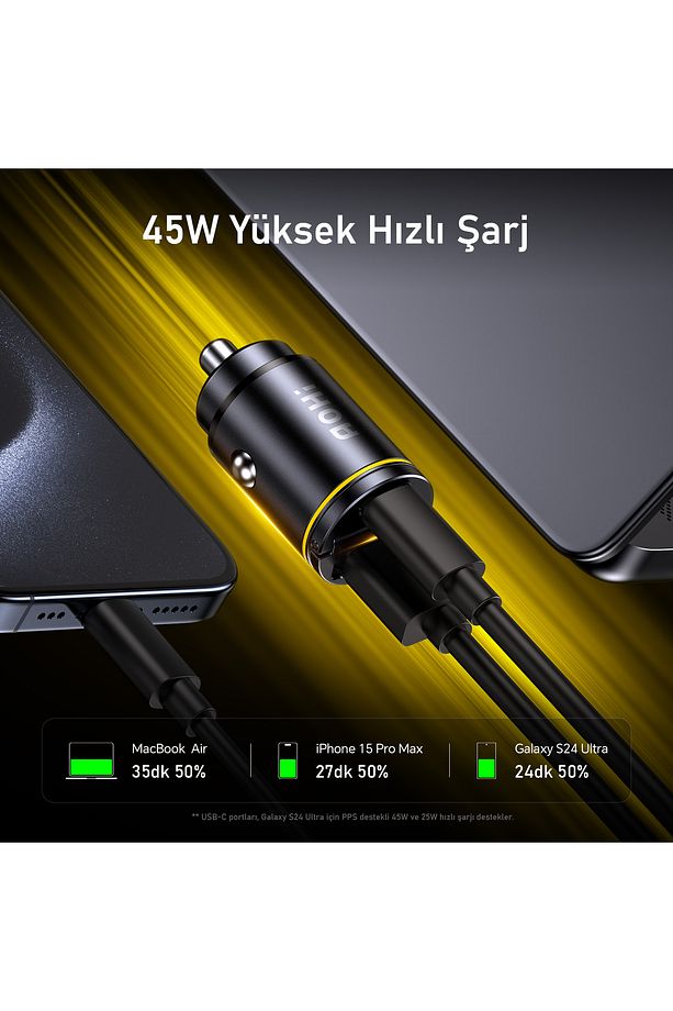 Superauto Araç Içi Şarjı, 2 Portlu Pd 45w Type-c Ve Usb-a Girişli, Usb 30w Hızlı Şarj Çakmaklık - 3