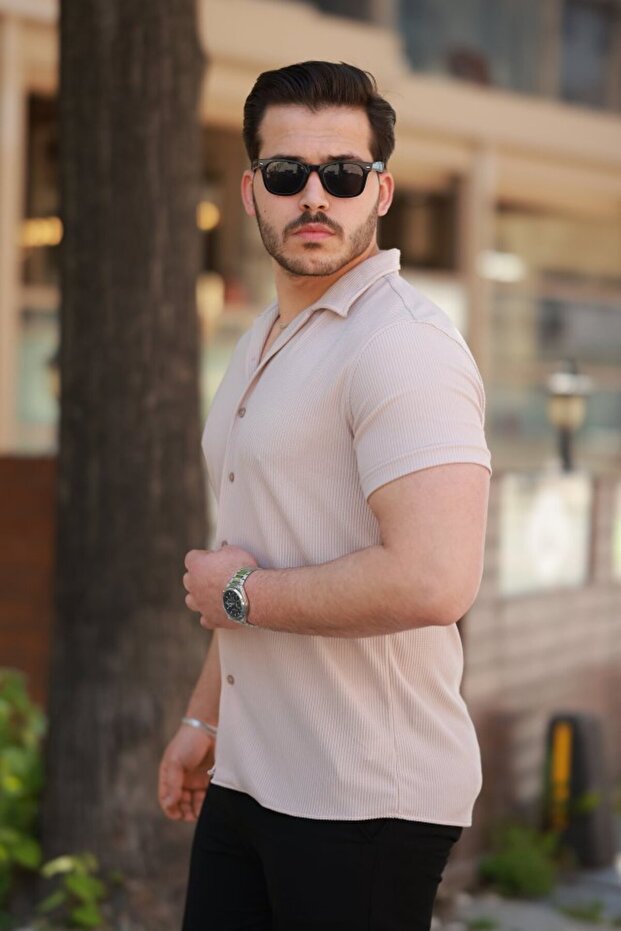 قميص رجالي من القماش العثماني بياقة Apaj وأكمام قصيرة