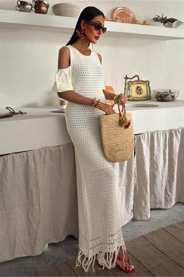 Shoulder Detailed Hem Tasseled Knitwear Dress 2862