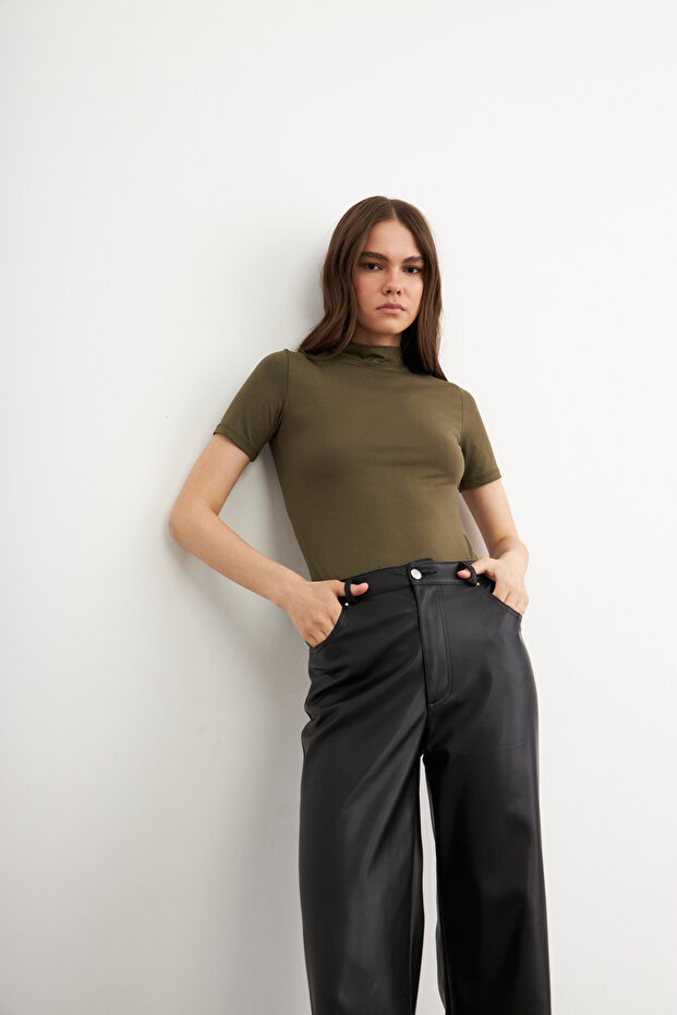 Kadın Haki Basic Kısa Kol Bluz - 3