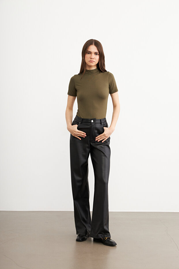 Kadın Haki Basic Kısa Kol Bluz - 4