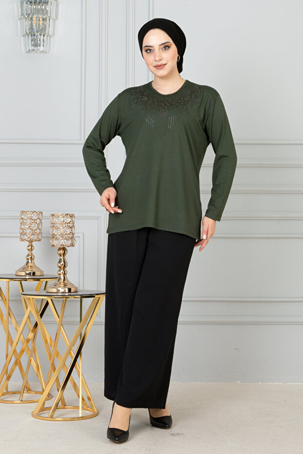 Women's Green Embroidered Large Size Combed Cotton Blouse