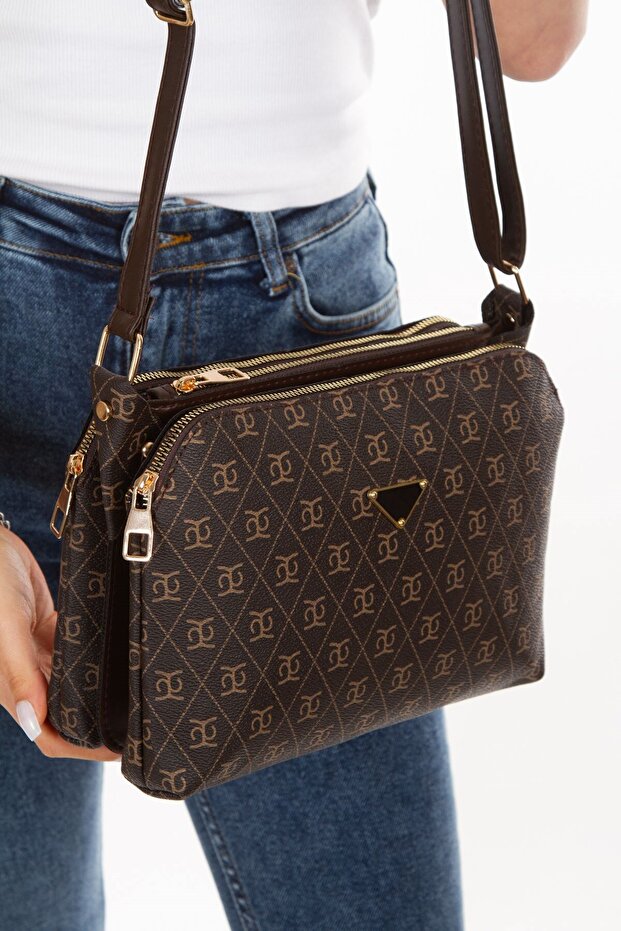 Women's Monogram Patterned Long Strap Cross Shoulder Bag – Brown